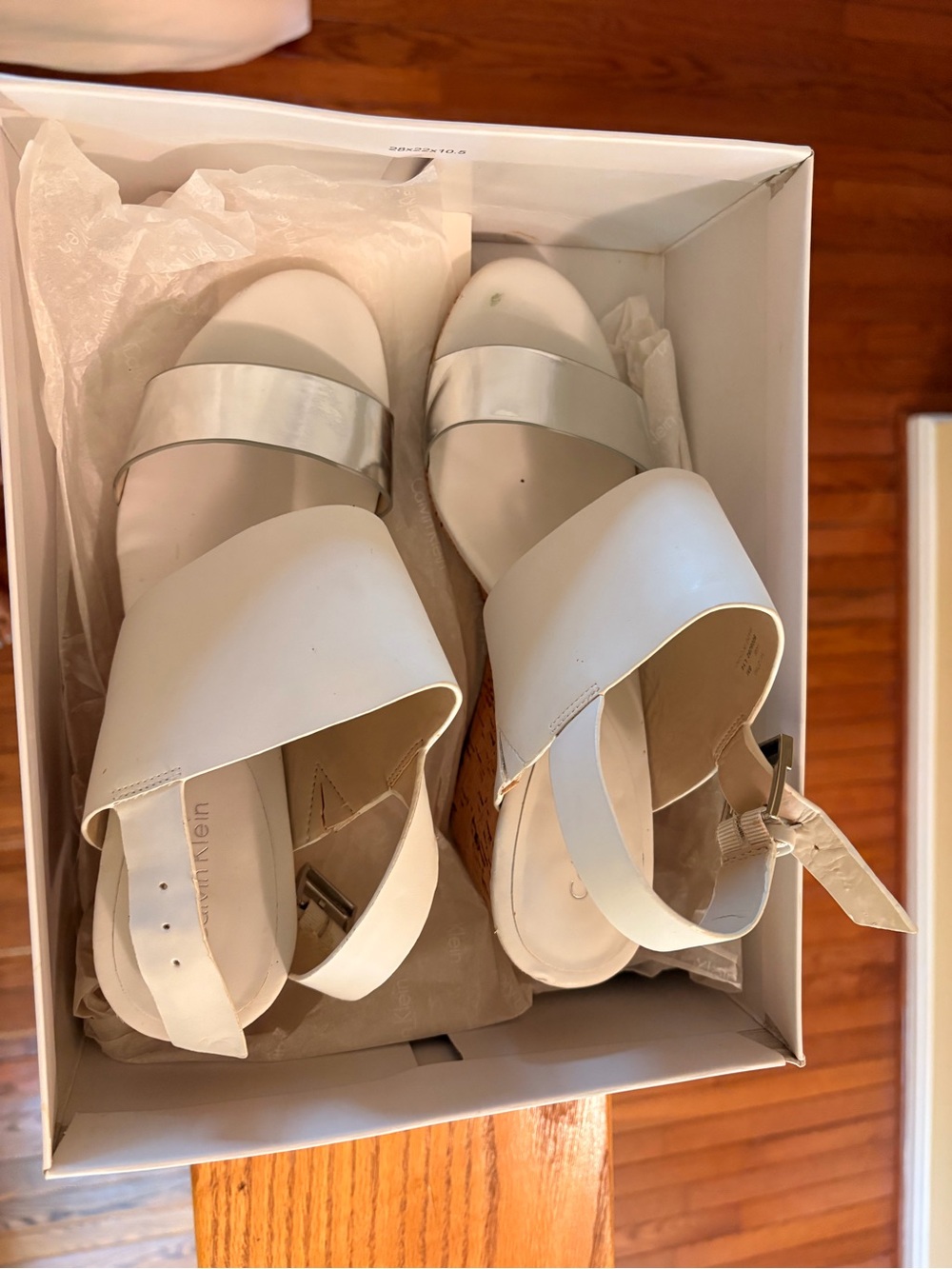 Calvin Klein White Wedge Sandals with Silver Strap